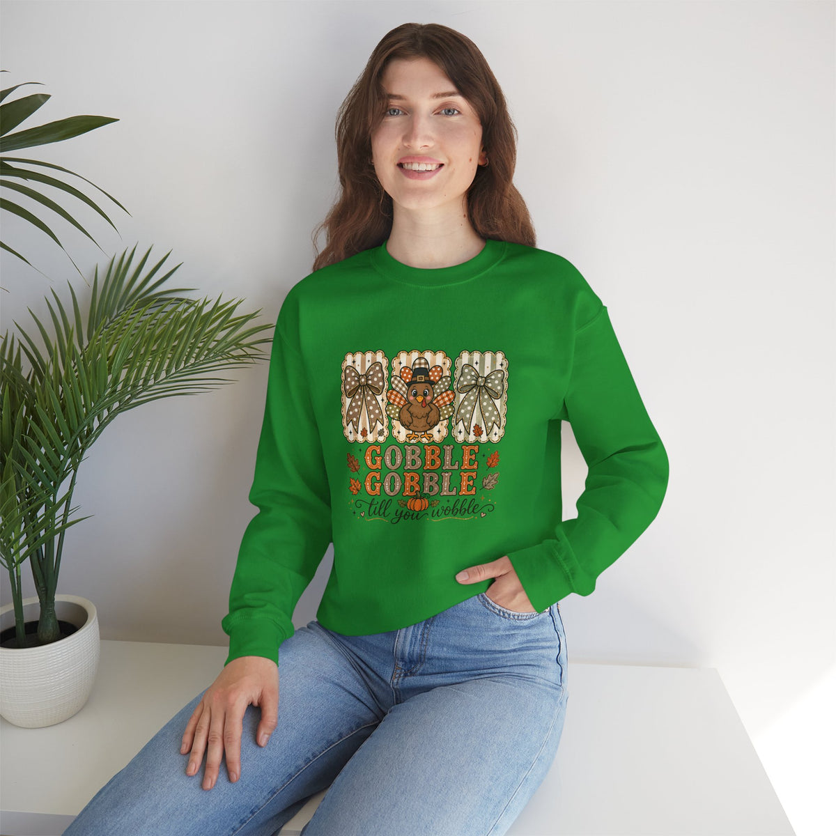 Thanksgiving Crewneck Sweatshirt — "Gobble Gobble 'til You Wobble" Turkey Design