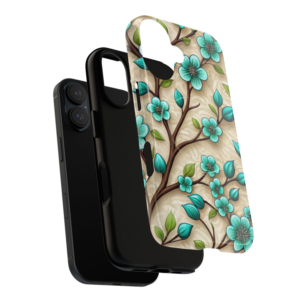 Floral Teal Blossom Tough Magnetic iPhone Case — MagSafe Protective Cover