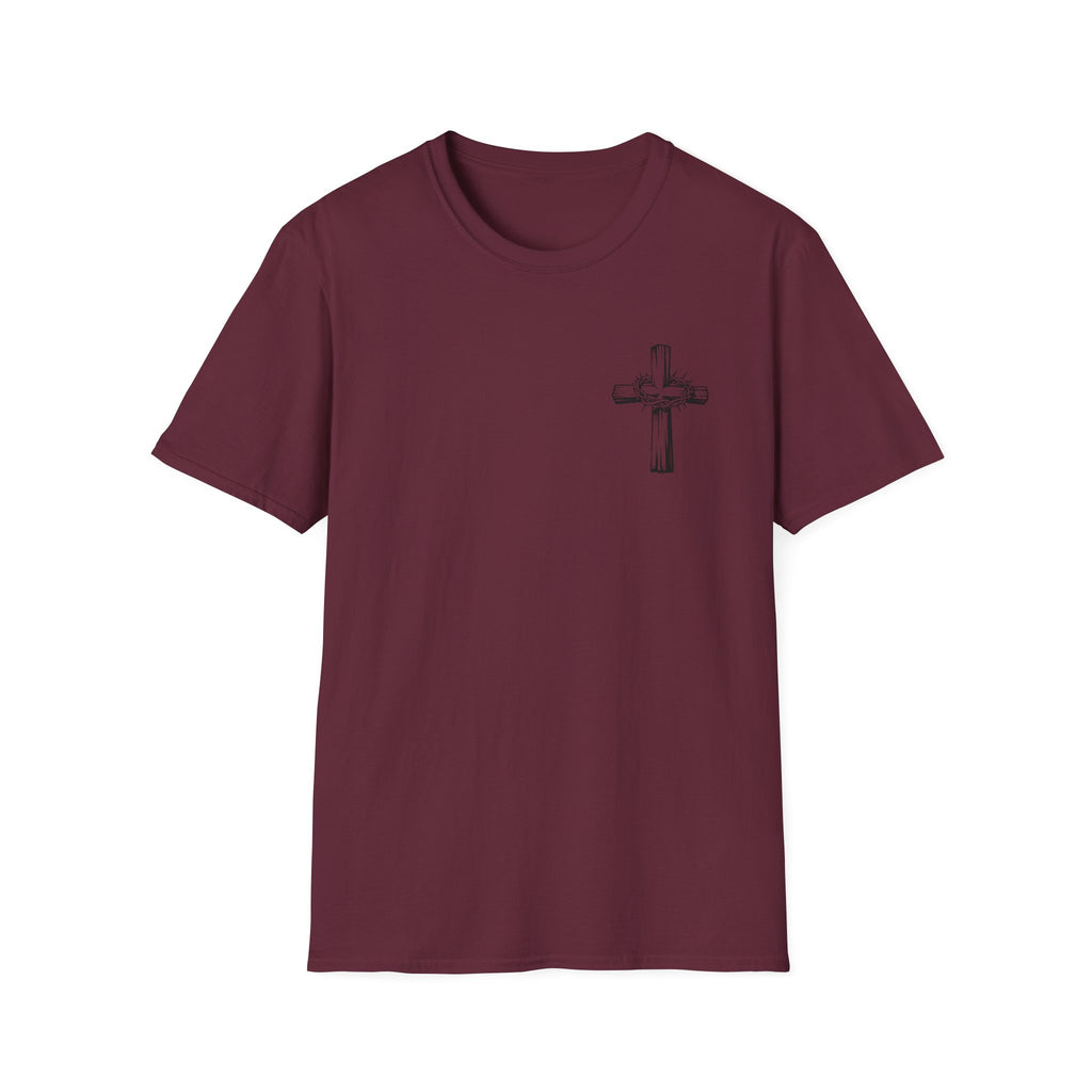 Cross Lion and Jesus Back Print T-Shirt — Wood Cross Chest Christian Faith Graphic
