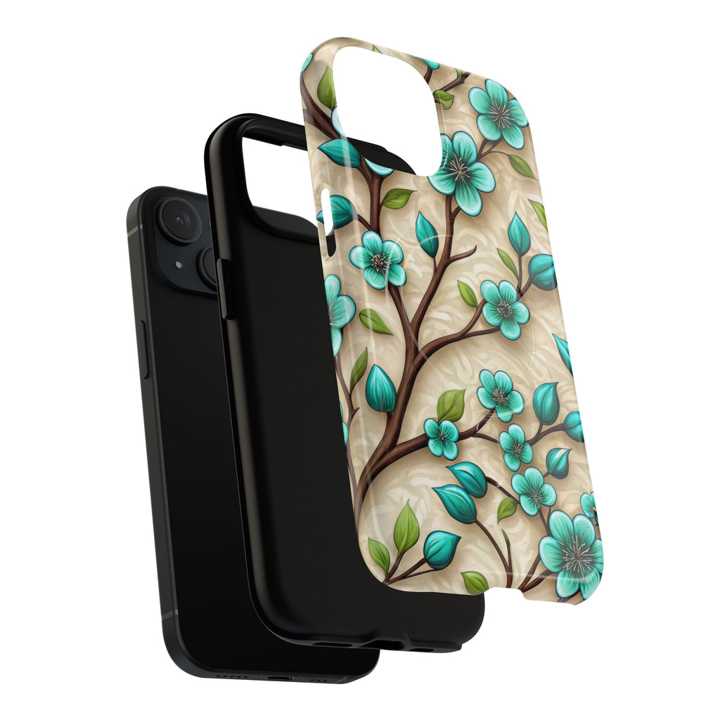Floral Teal Blossom Tough Magnetic iPhone Case — MagSafe Protective Cover