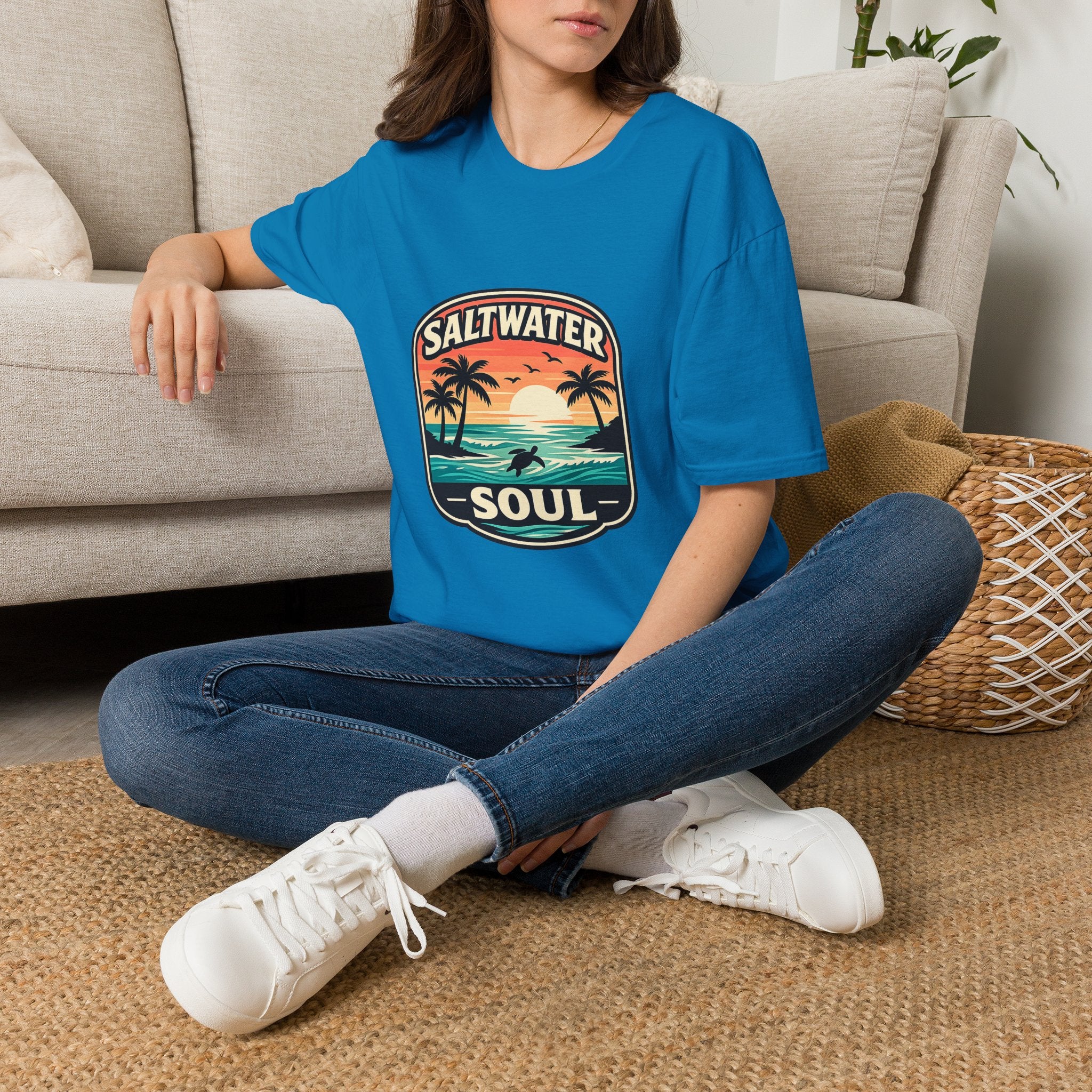 Saltwater Soul Retro Beach T-Shirt — Cute Coastal Gift for Women Sunset Palm Tee