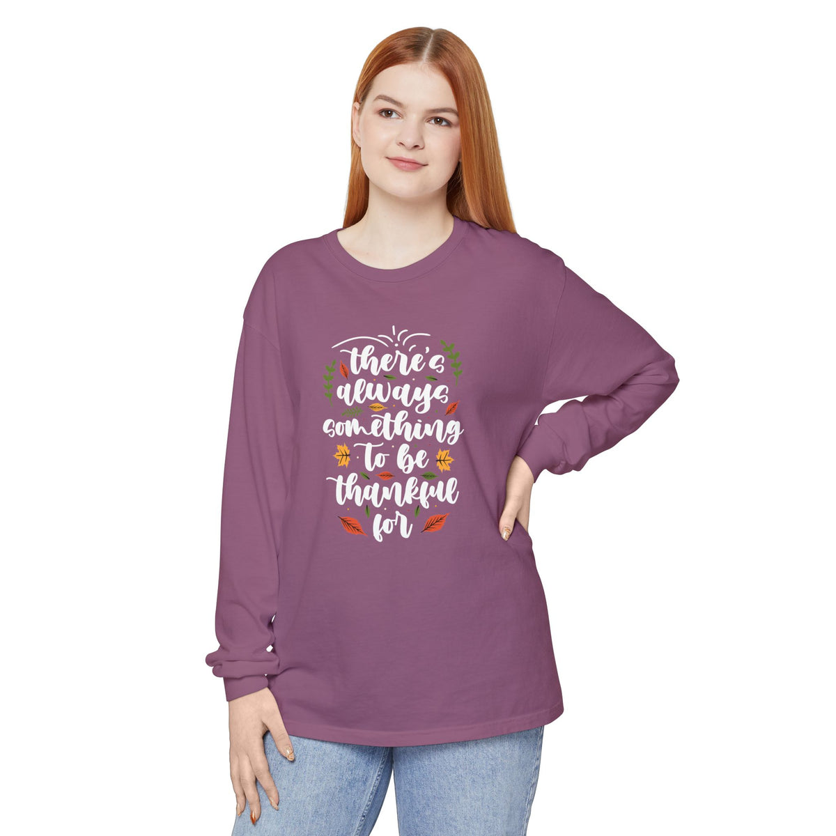 Thankful For Crewneck Long Sleeve Tee — Fall Thanksgiving Gratitude Shirt