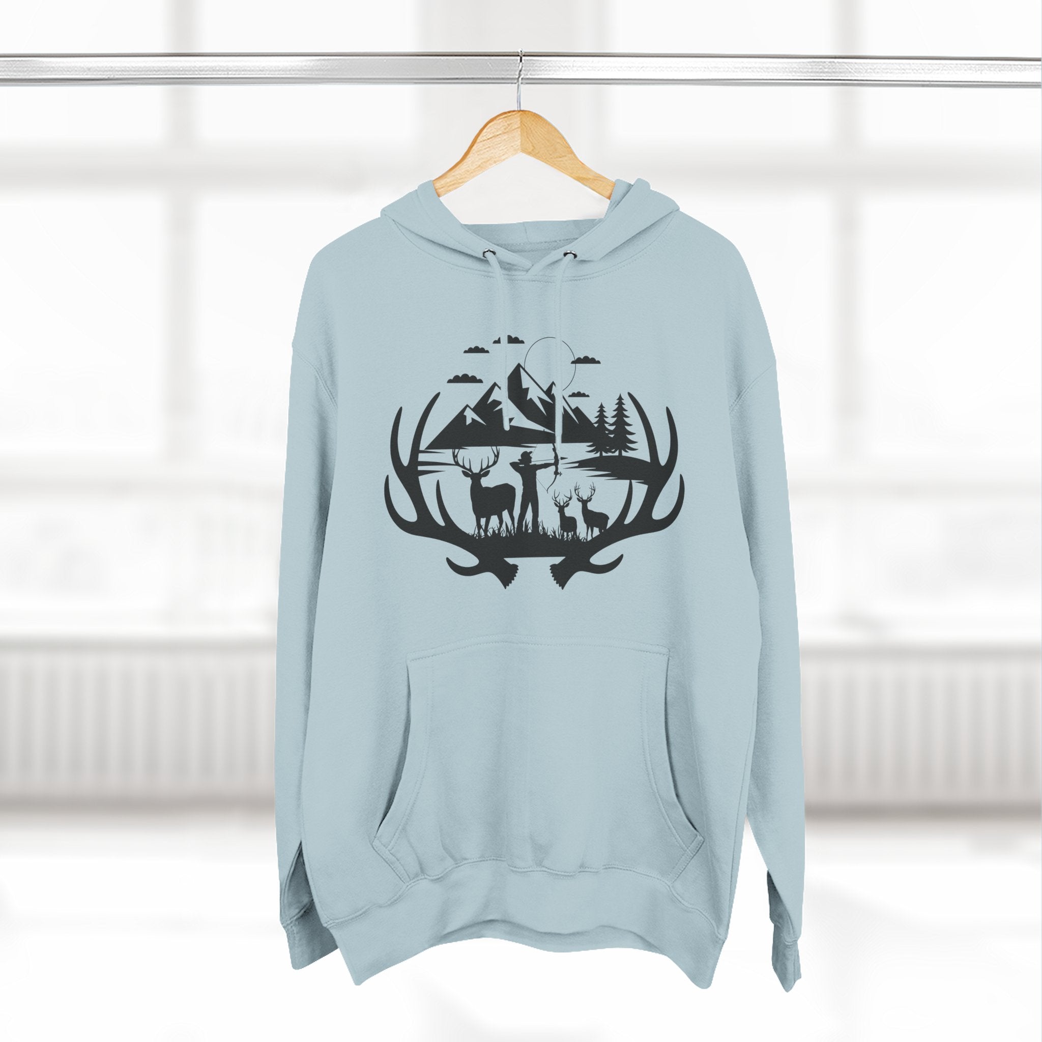 Deer Antler Mountain Hoodie — Rustic Outdoor Gift for Him Wildlife Graphic Pullover