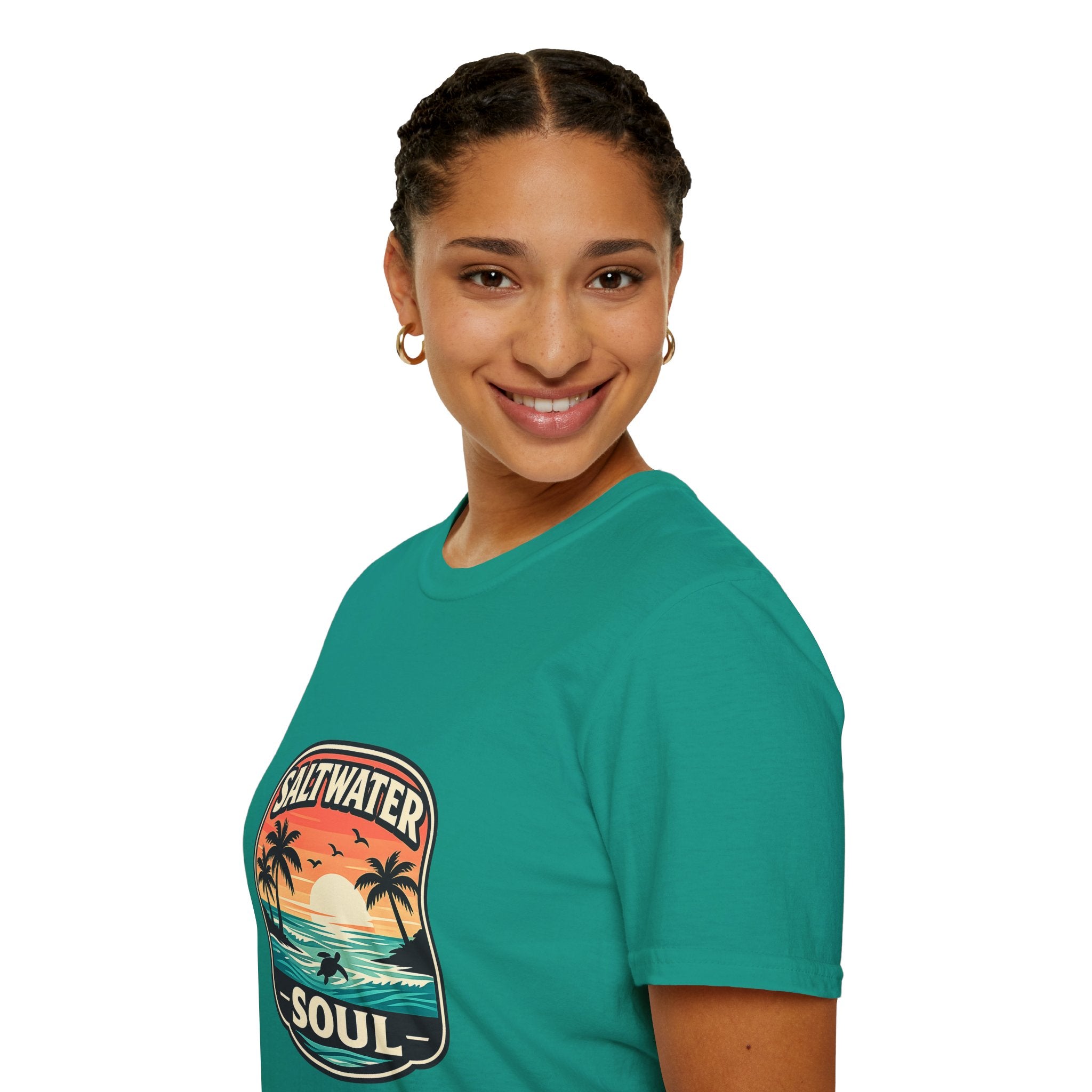 Saltwater Soul Retro Beach T-Shirt — Cute Coastal Gift for Women Sunset Palm Tee