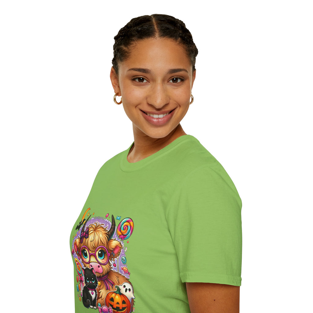 Cute Halloween Cow T-Shirt — Funny Gift for Her Candy Pumpkins & Kitty Costume Tee