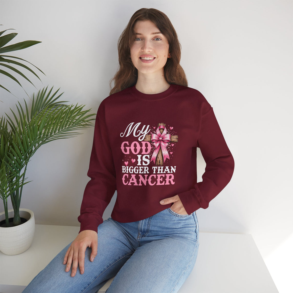 My God Is Bigger Than Cancer Breast Cancer Awareness Crewneck Sweatshirt