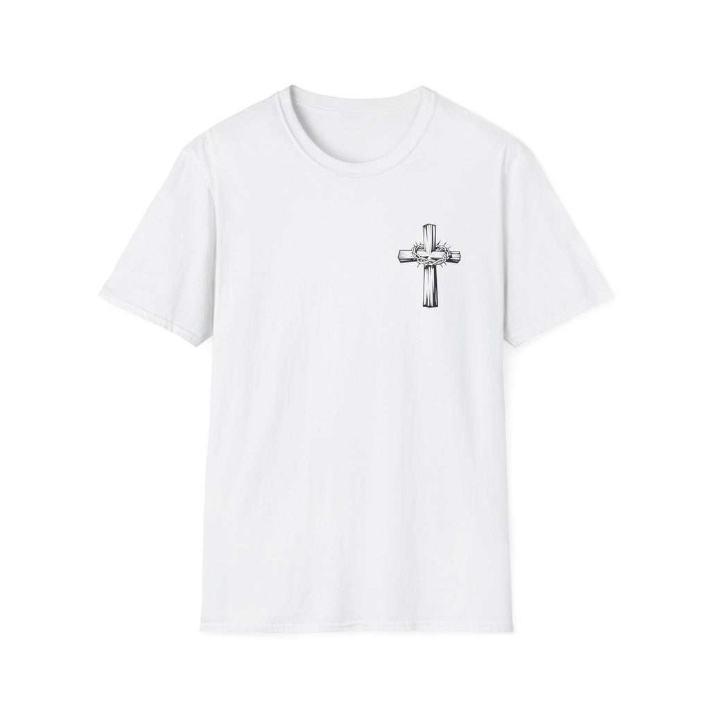 Cross Lion and Jesus Back Print T-Shirt — Wood Cross Chest Christian Faith Graphic