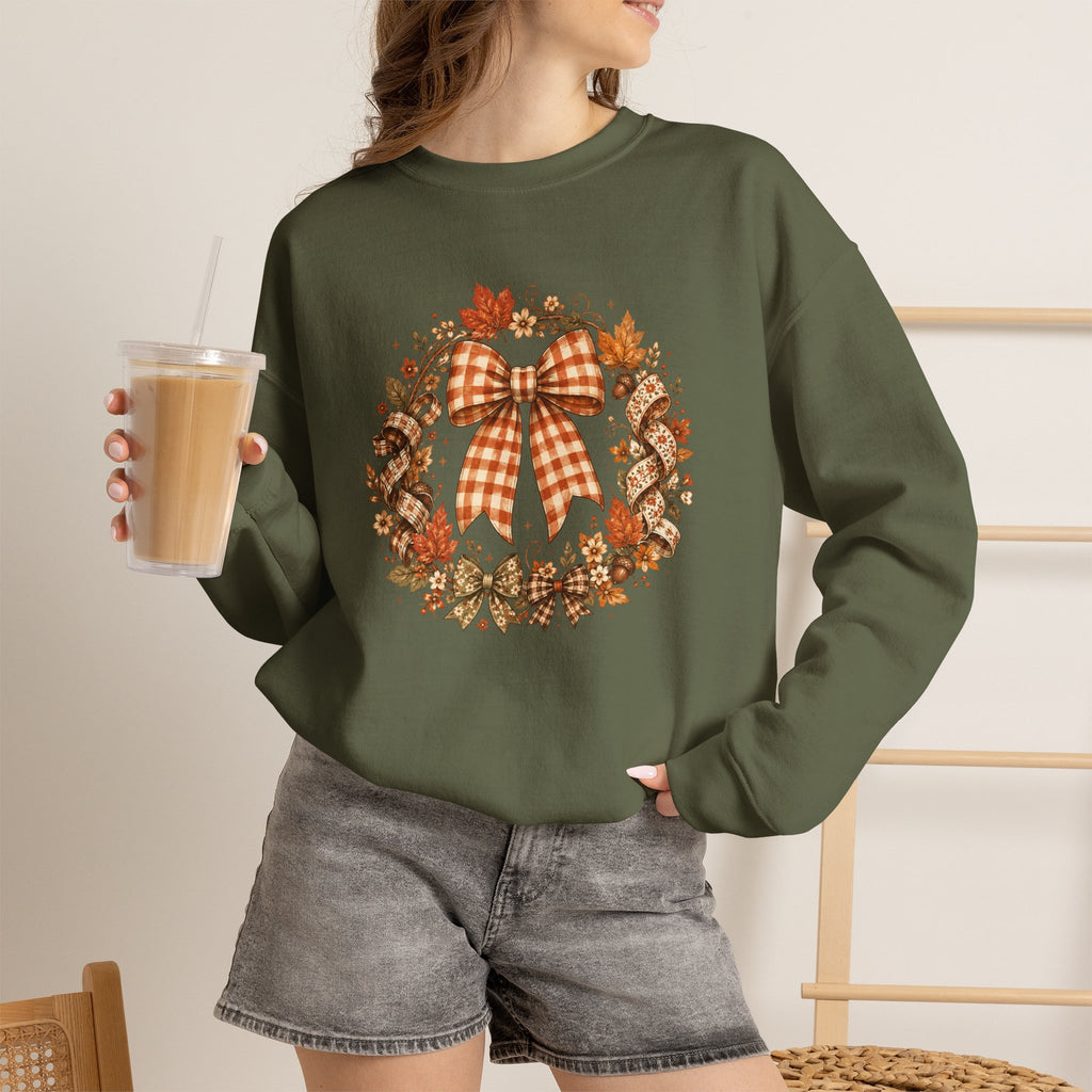 Cozy Autumn Plaid Bow Wreath Crewneck Sweatshirt