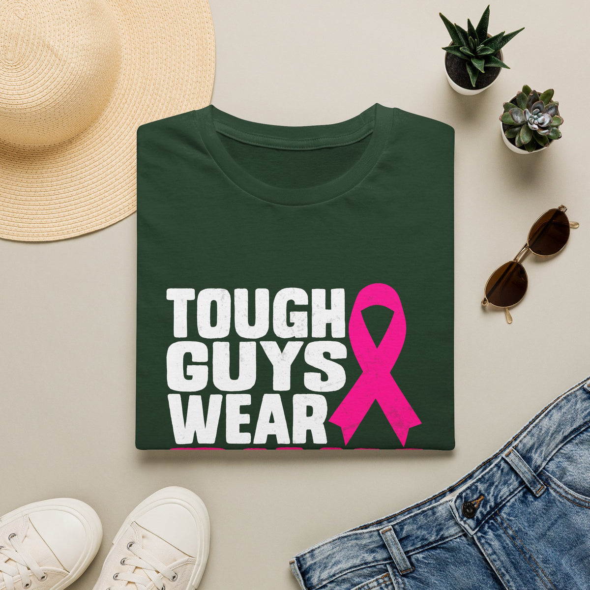Tough Guys Wear Pink Breast Cancer Awareness T-Shirt Graphic Tee
