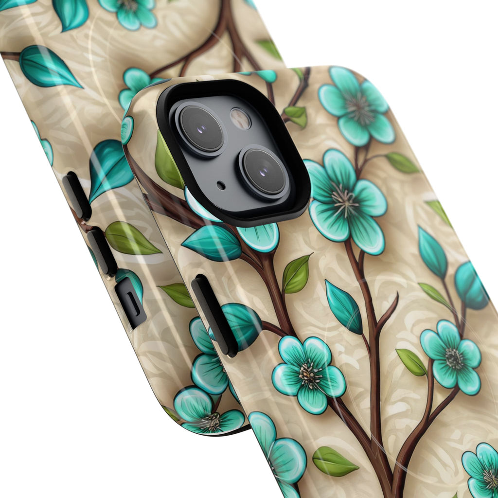 Floral Teal Blossom Tough Magnetic iPhone Case — MagSafe Protective Cover