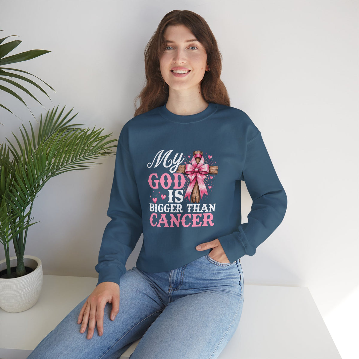 My God Is Bigger Than Cancer Breast Cancer Awareness Crewneck Sweatshirt