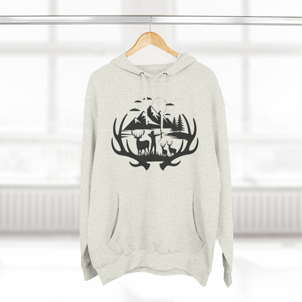 Deer Antler Mountain Hoodie — Rustic Outdoor Gift for Him Wildlife Graphic Pullover