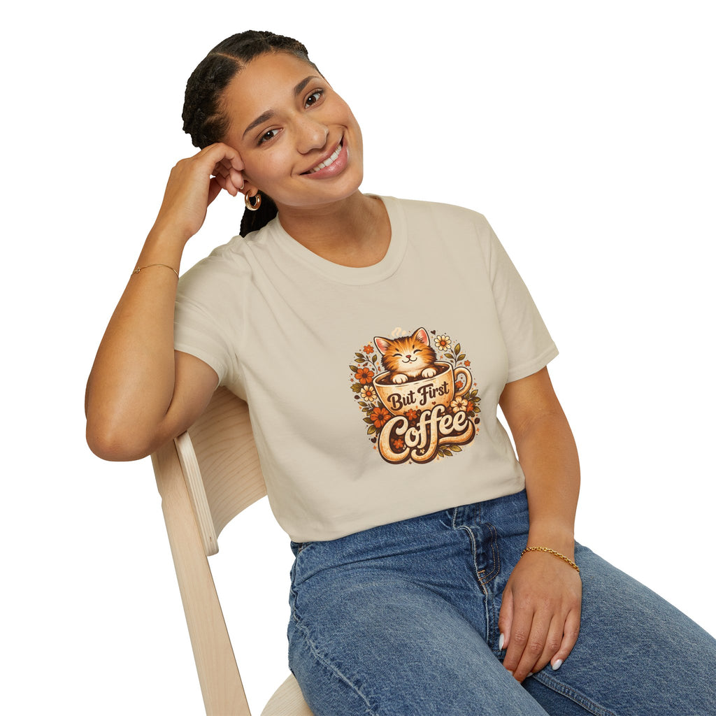 But First Coffee Cat T-Shirt — Cute Floral Gift for Coffee Lovers Women's Tee