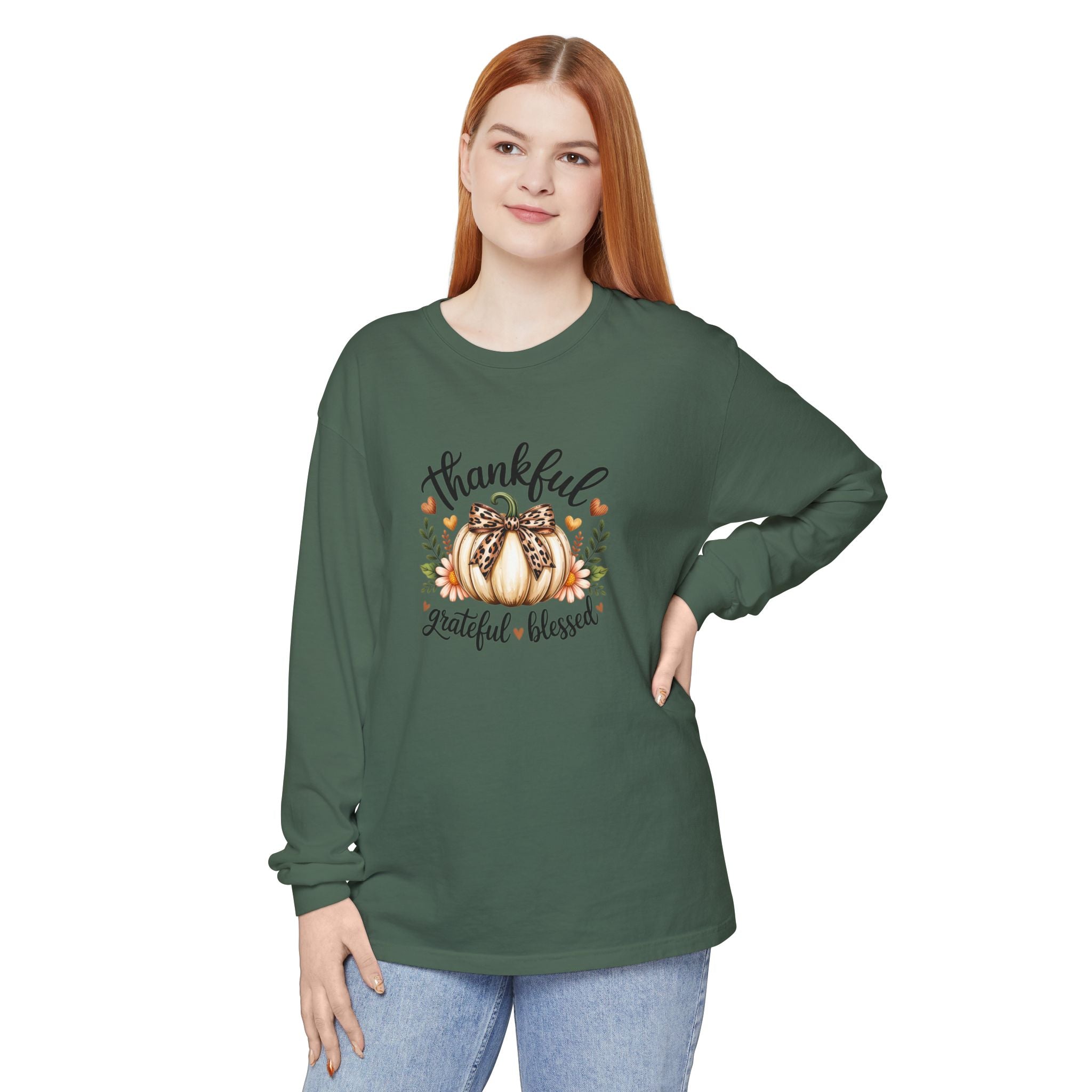 Thankful Grateful Blessed Pumpkin Long Sleeve — Cute Fall Thanksgiving Gift for Women