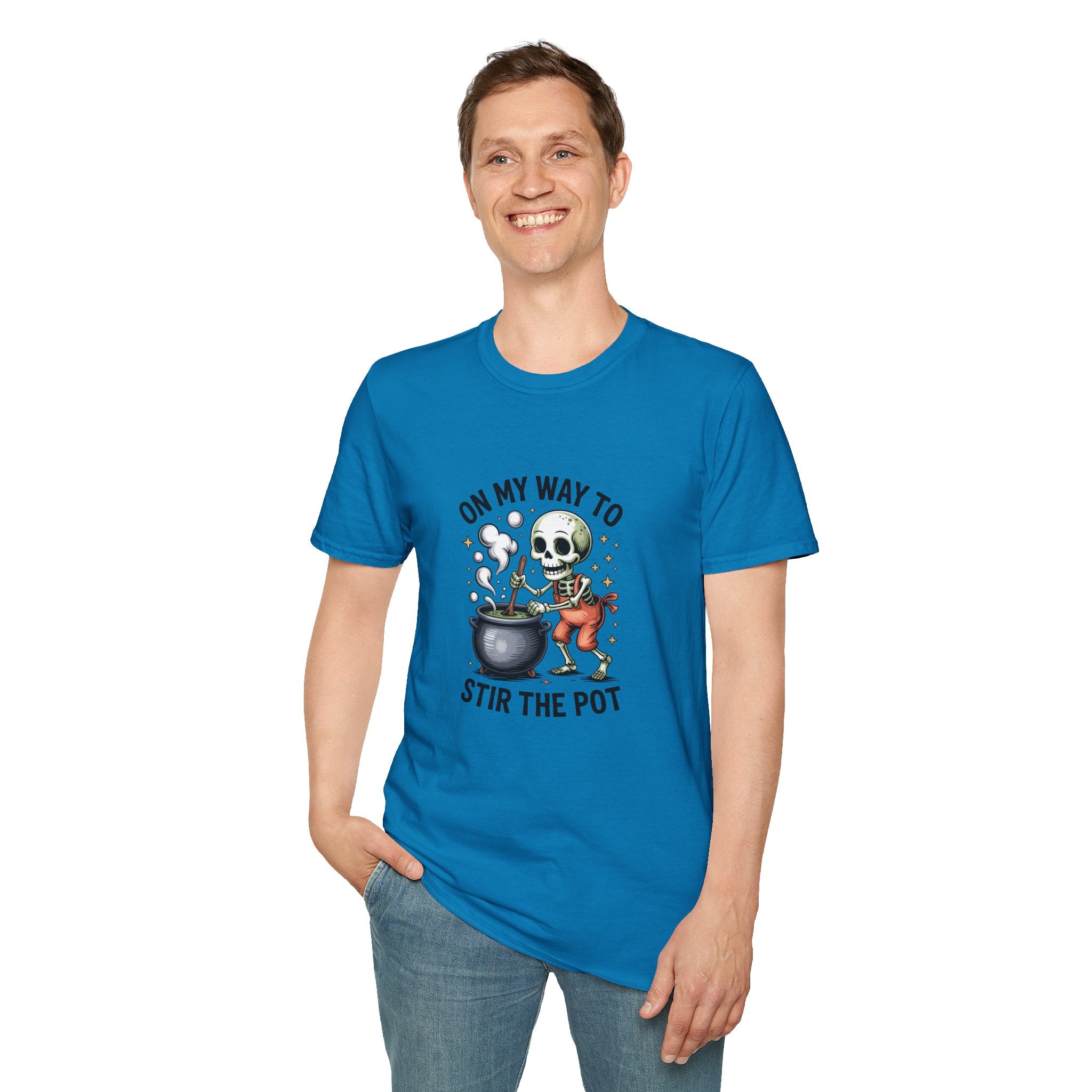 On My Way to Stir the Pot Skeleton T-Shirt — Funny Halloween Gift for Women