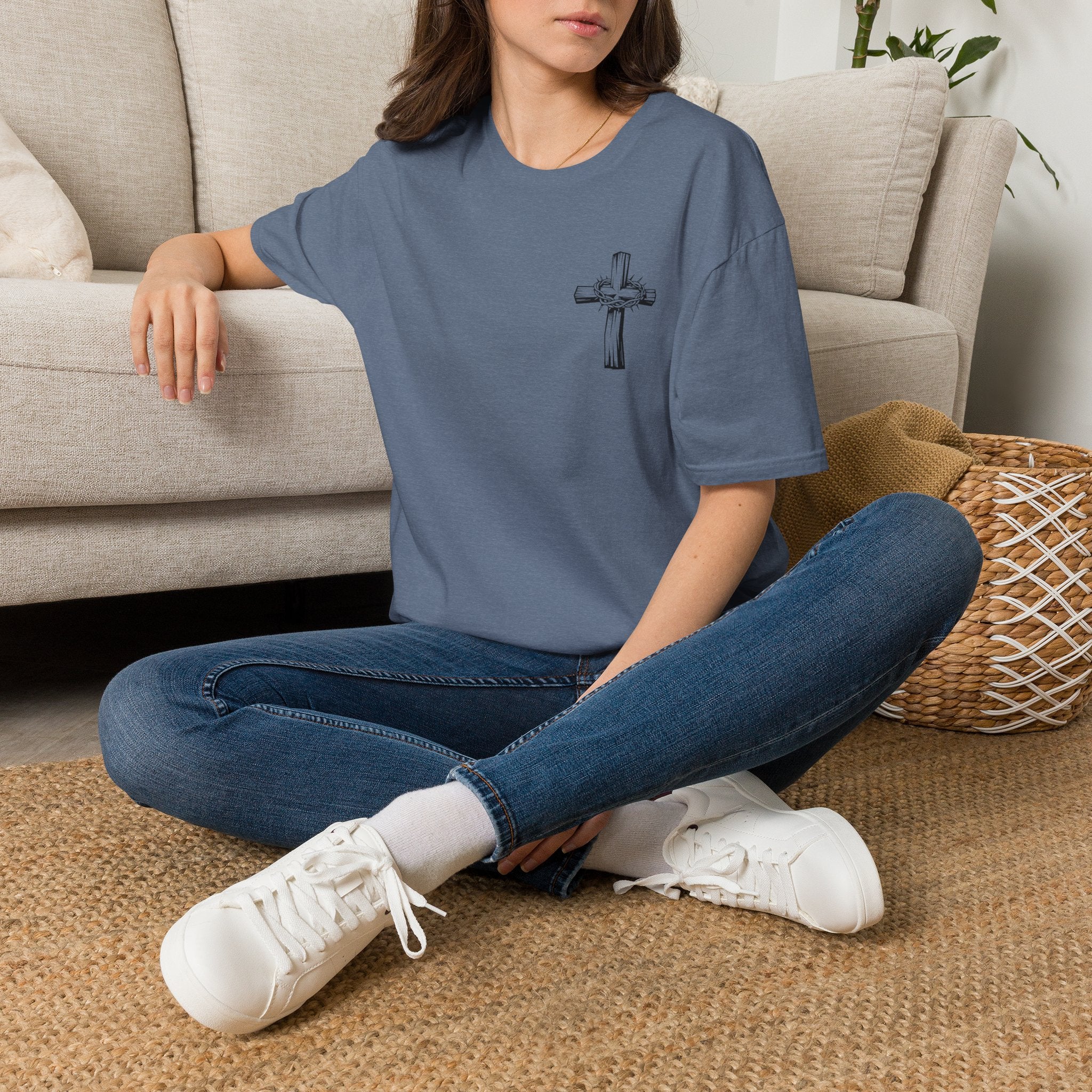 Cross Lion and Jesus Back Print T-Shirt — Wood Cross Chest Christian Faith Graphic