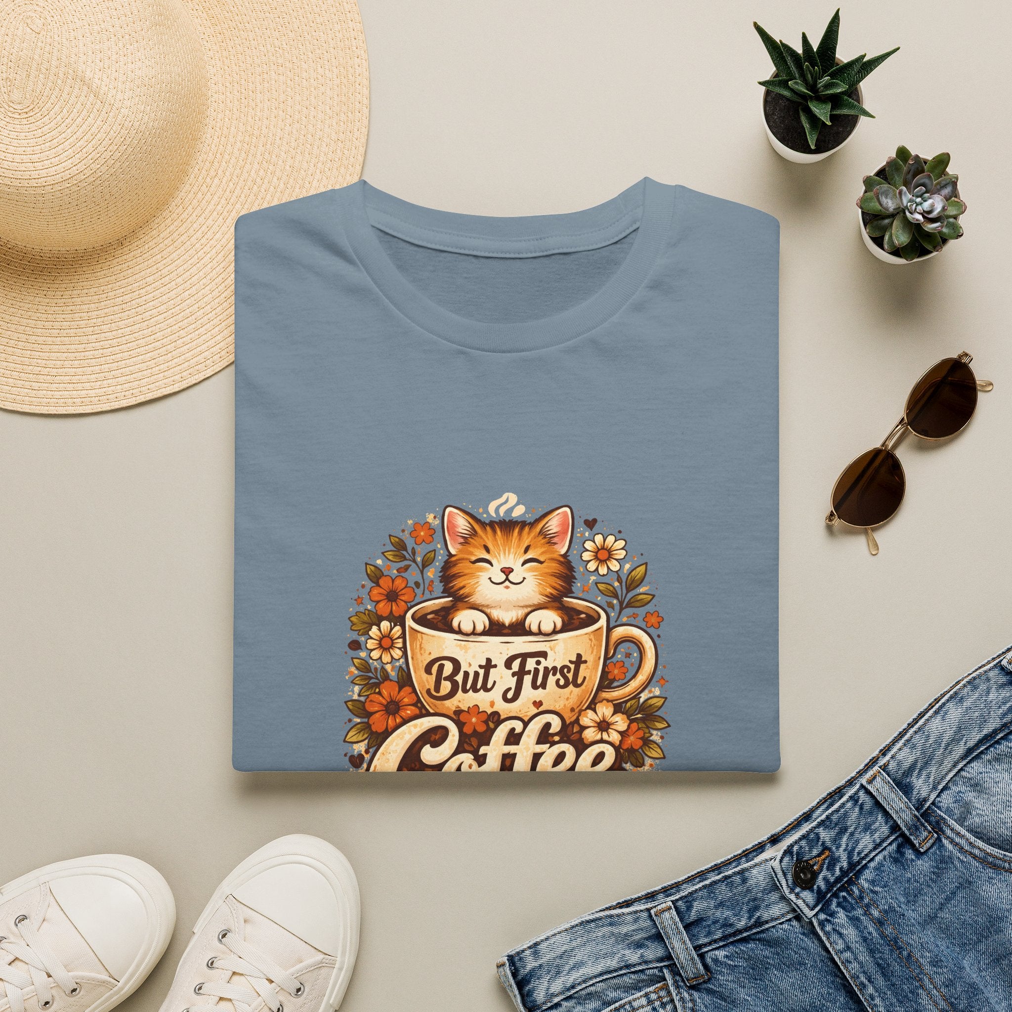 But First Coffee Cat T-Shirt — Cute Floral Gift for Coffee Lovers Women's Tee