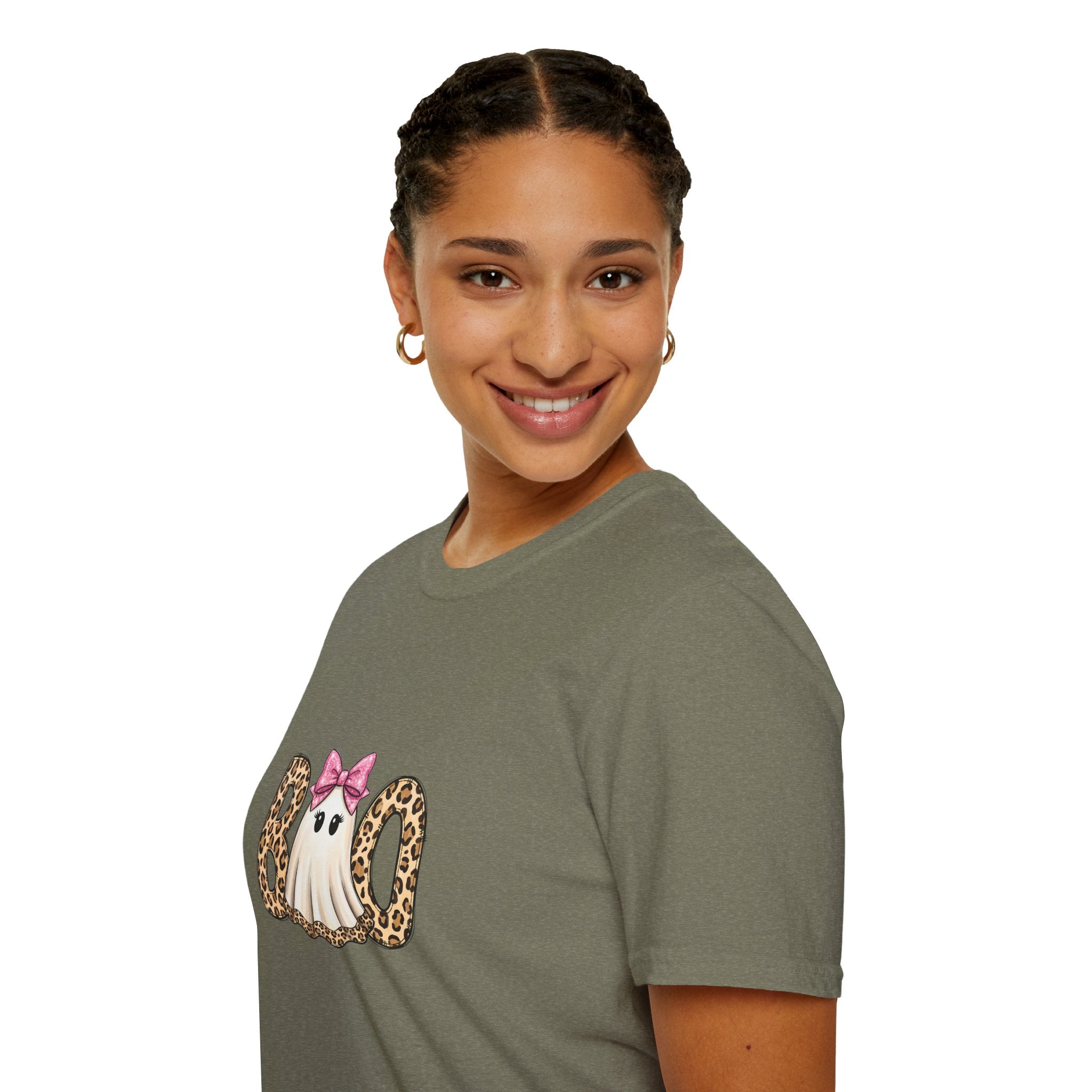 Boo Leopard Ghost T-Shirt — Cute Pink Bow Halloween Gift for Women Graphic Tee