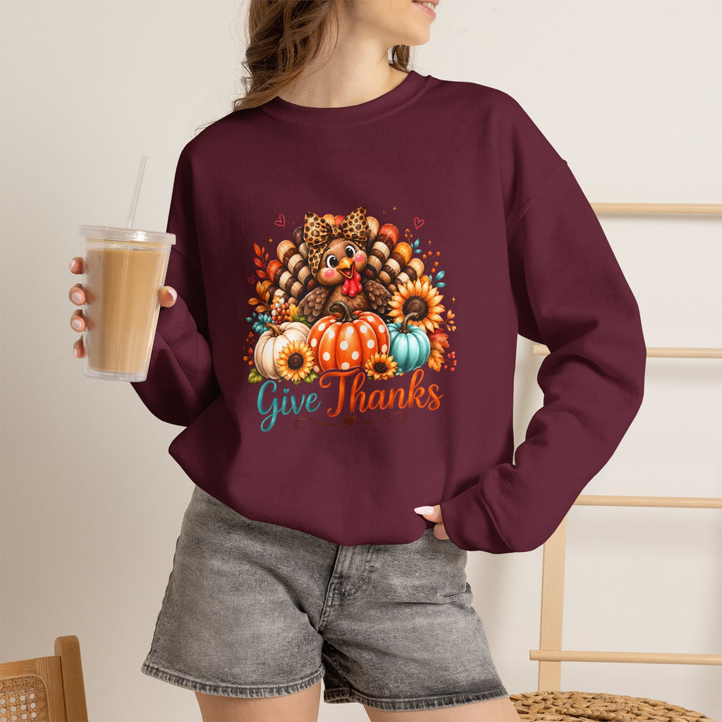 Sweatshirt — "Give Thanks" Autumn Turkey & Pumpkin Thanksgiving Crewneck