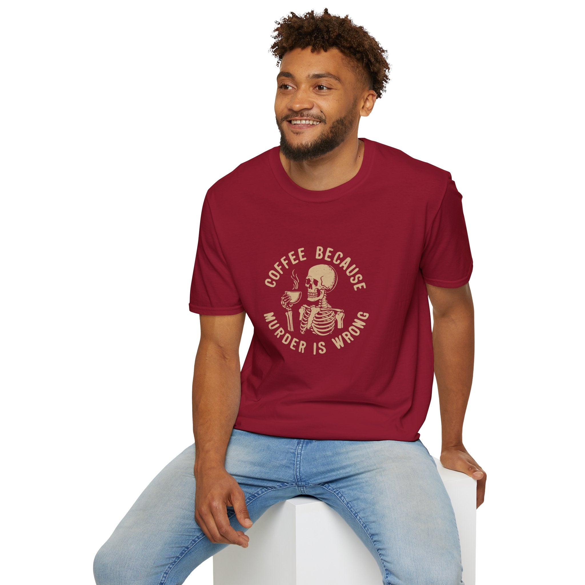 Coffee Because Murder Is Wrong Skull T-Shirt — Funny Dark Humor Gift for Her Graphic Tee