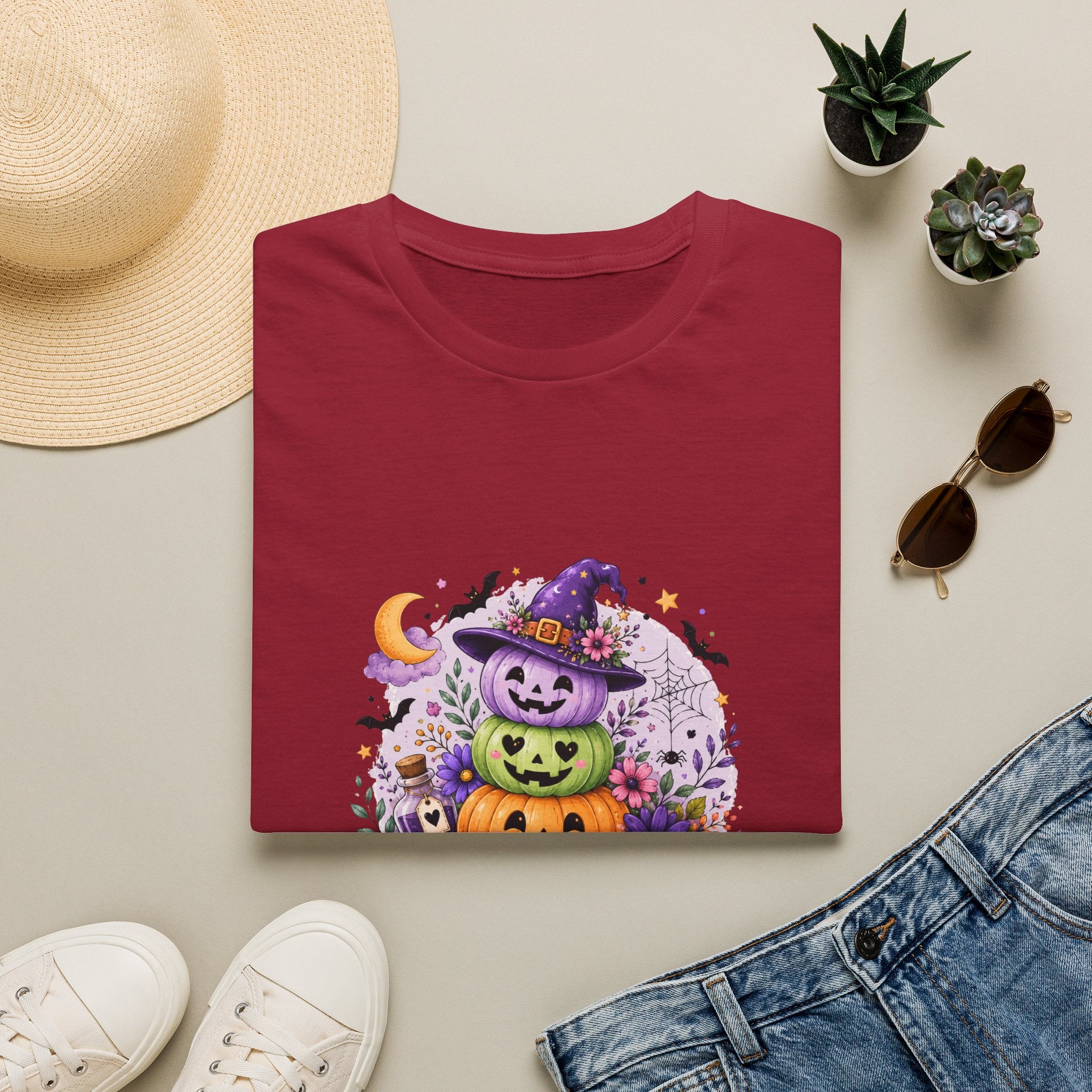 Spooky Season Pumpkin Stack T-Shirt — Cute Halloween Gift for Women Witch Hat Tee