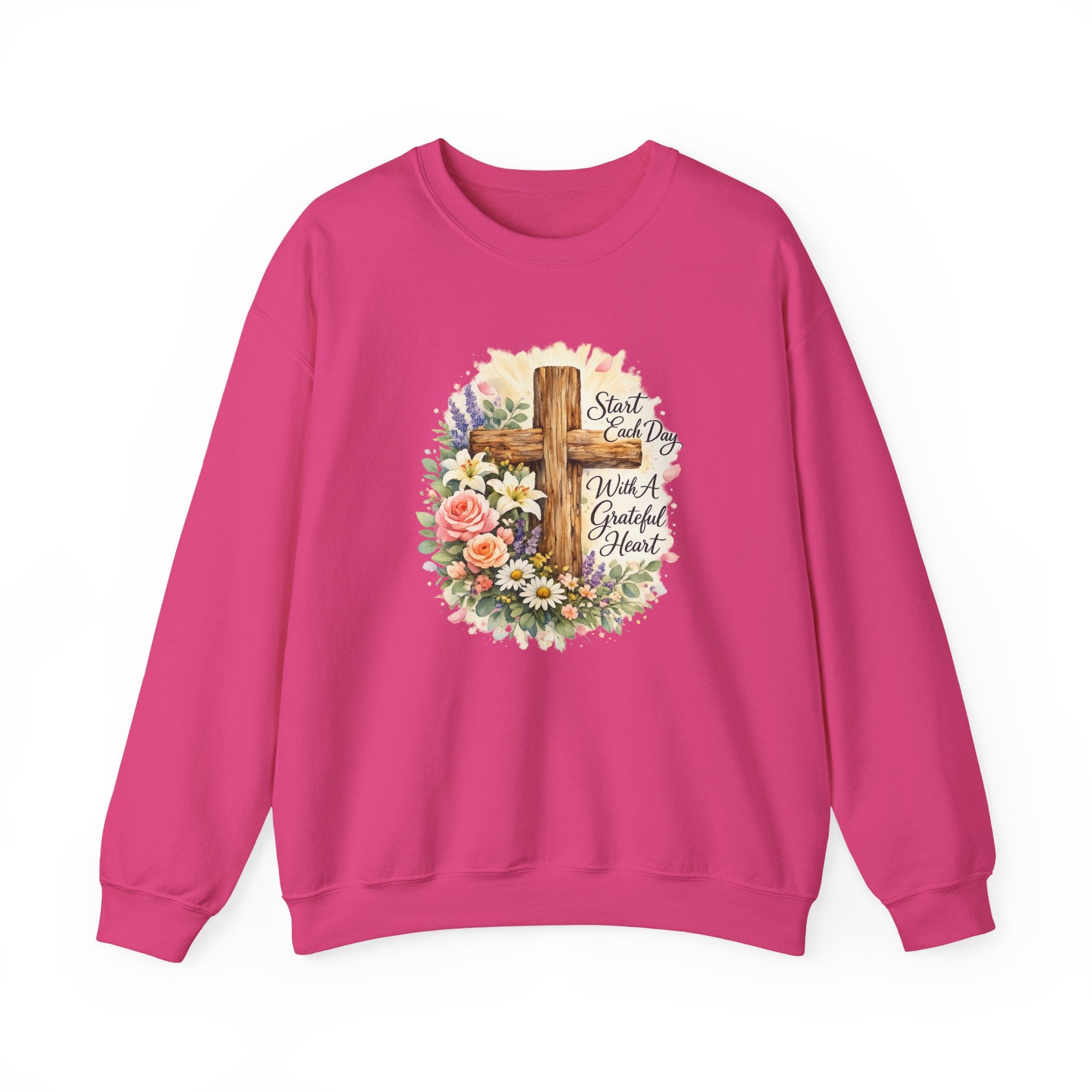 Christian Crewneck Sweatshirt — "Start Each Day with a Grateful Heart" Floral Cross