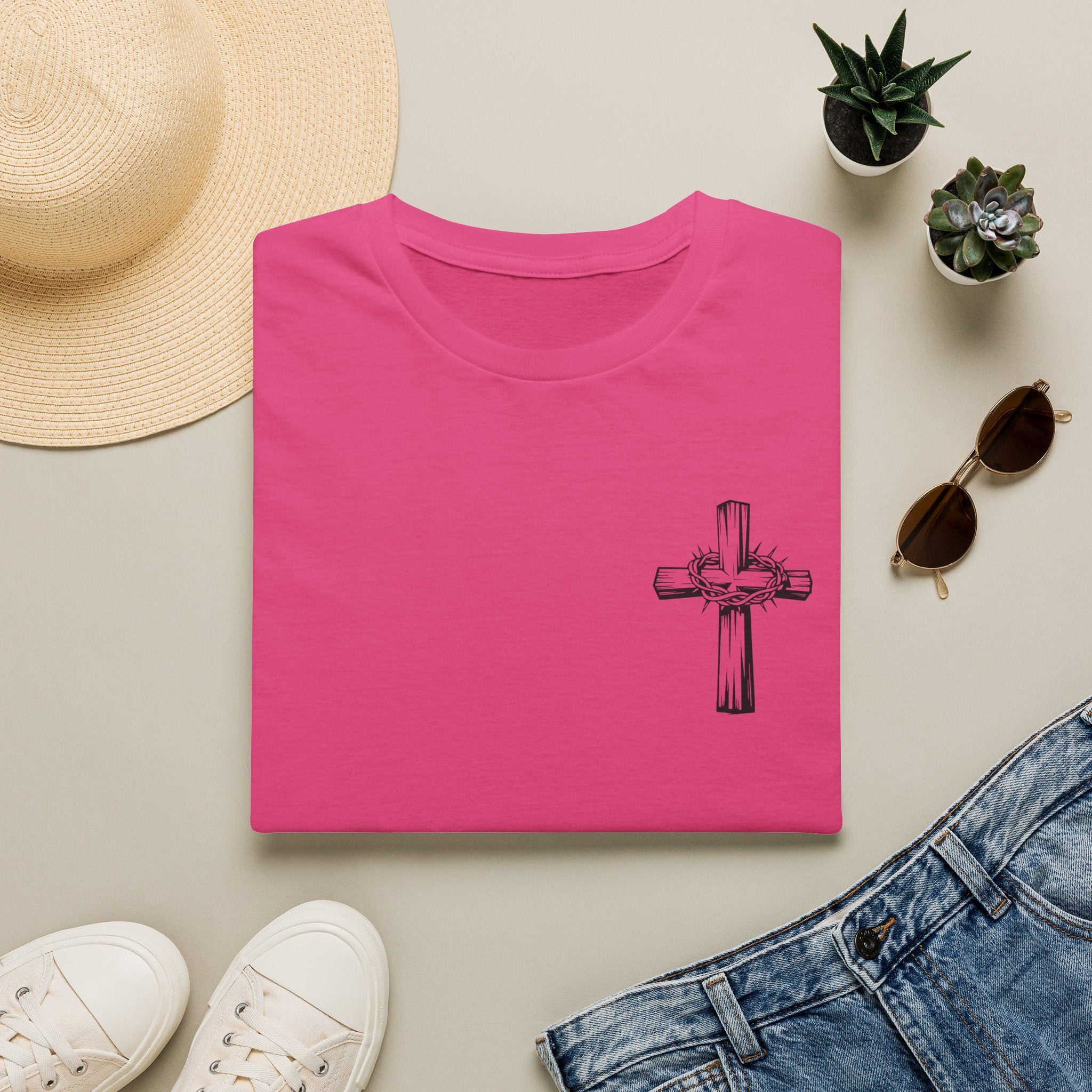 Cross Lion and Jesus Back Print T-Shirt — Wood Cross Chest Christian Faith Graphic