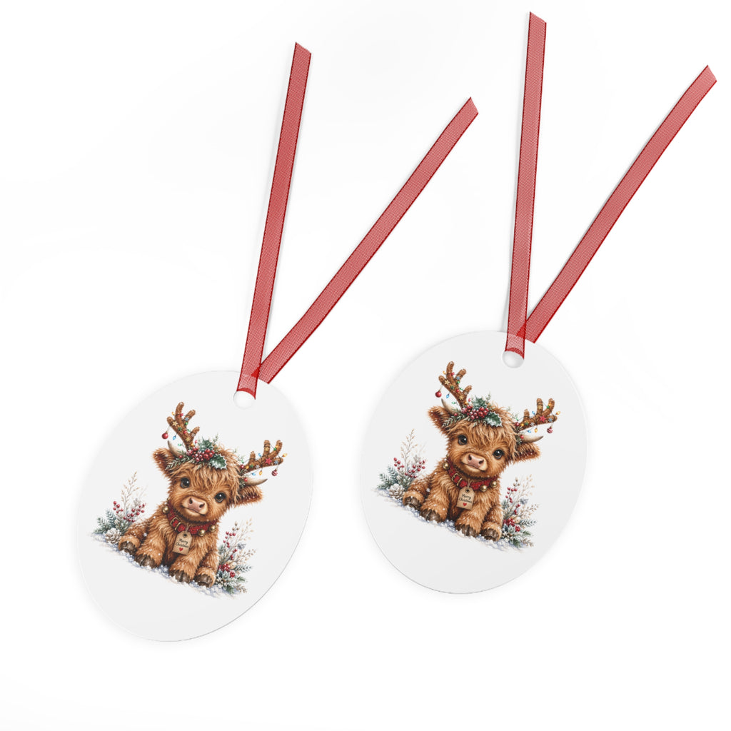 Cute Highland Cow Metal Ornament — Holiday Christmas Tree Decoration
