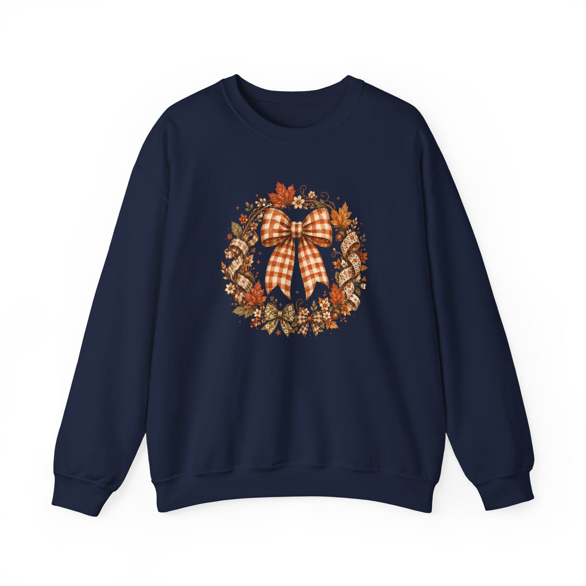 Cozy Autumn Plaid Bow Wreath Crewneck Sweatshirt