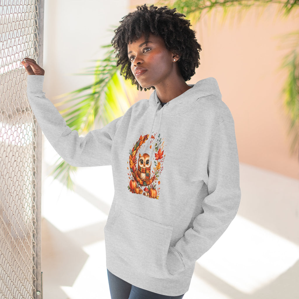 Cozy Autumn Owl Crescent Moon Embroidered Hoodie