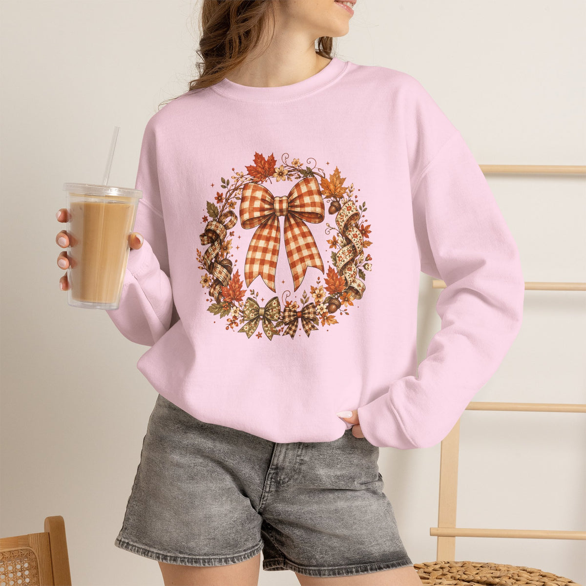 Cozy Autumn Plaid Bow Wreath Crewneck Sweatshirt