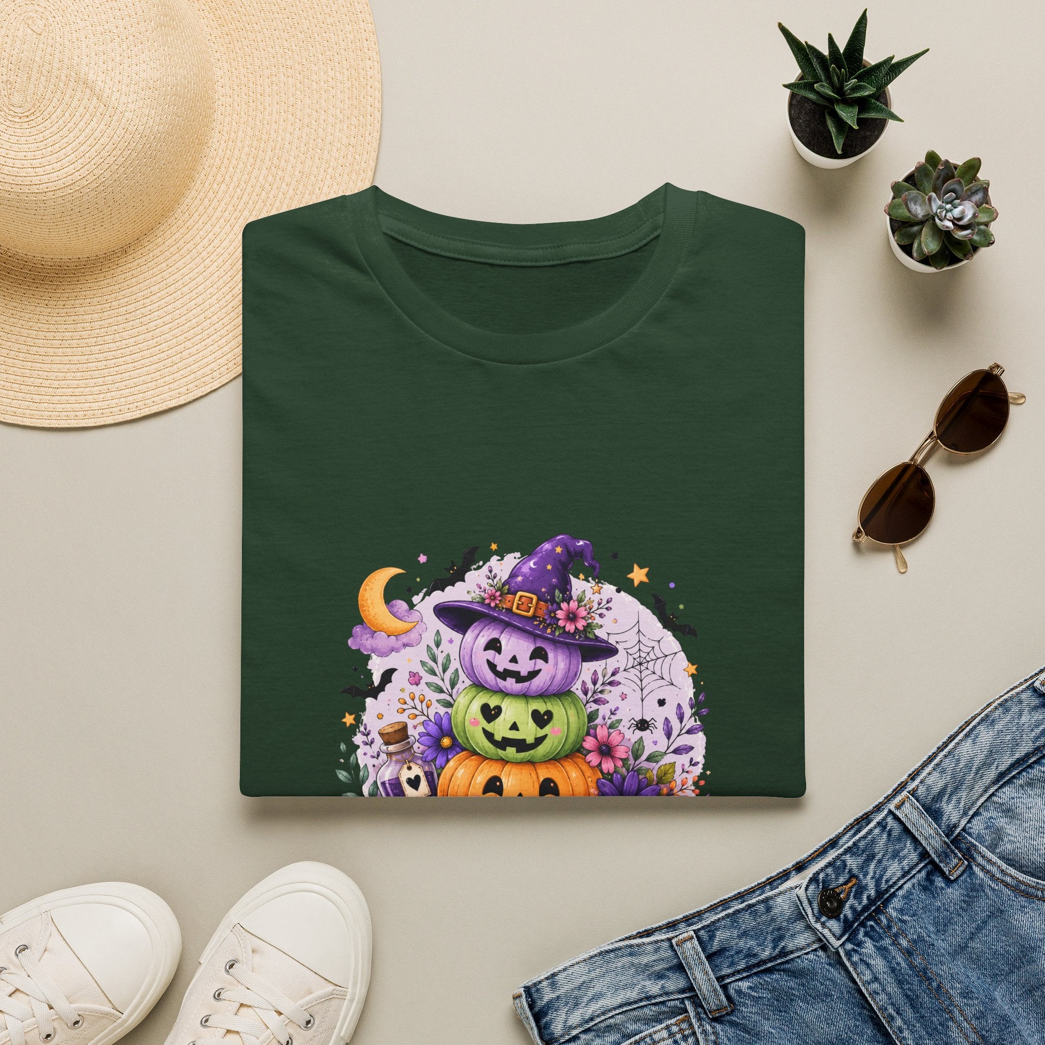 Spooky Season Pumpkin Stack T-Shirt — Cute Halloween Gift for Women Witch Hat Tee