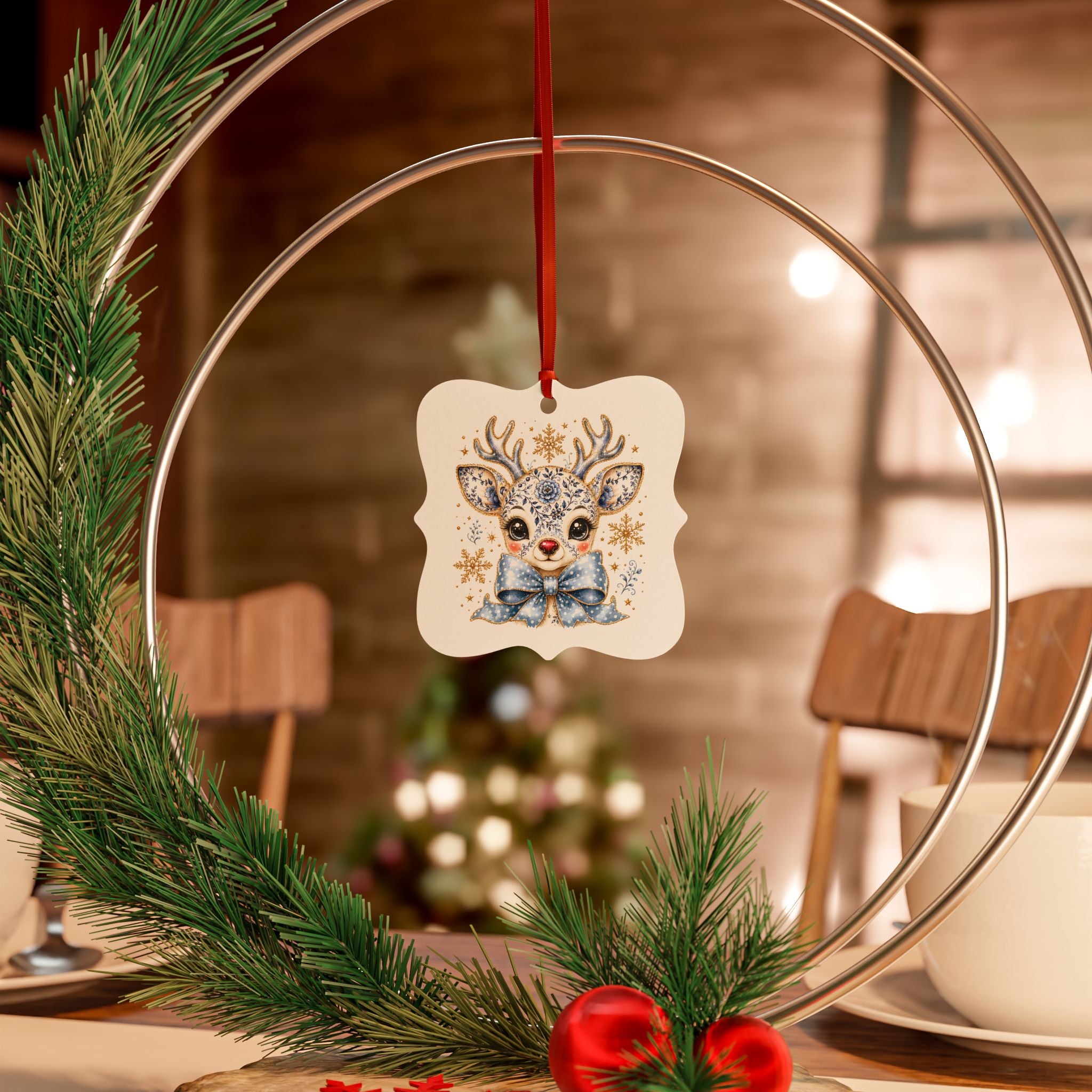 Reindeer Floral Bow Aluminum Ornament Cute Holiday Deer Christmas Decoration