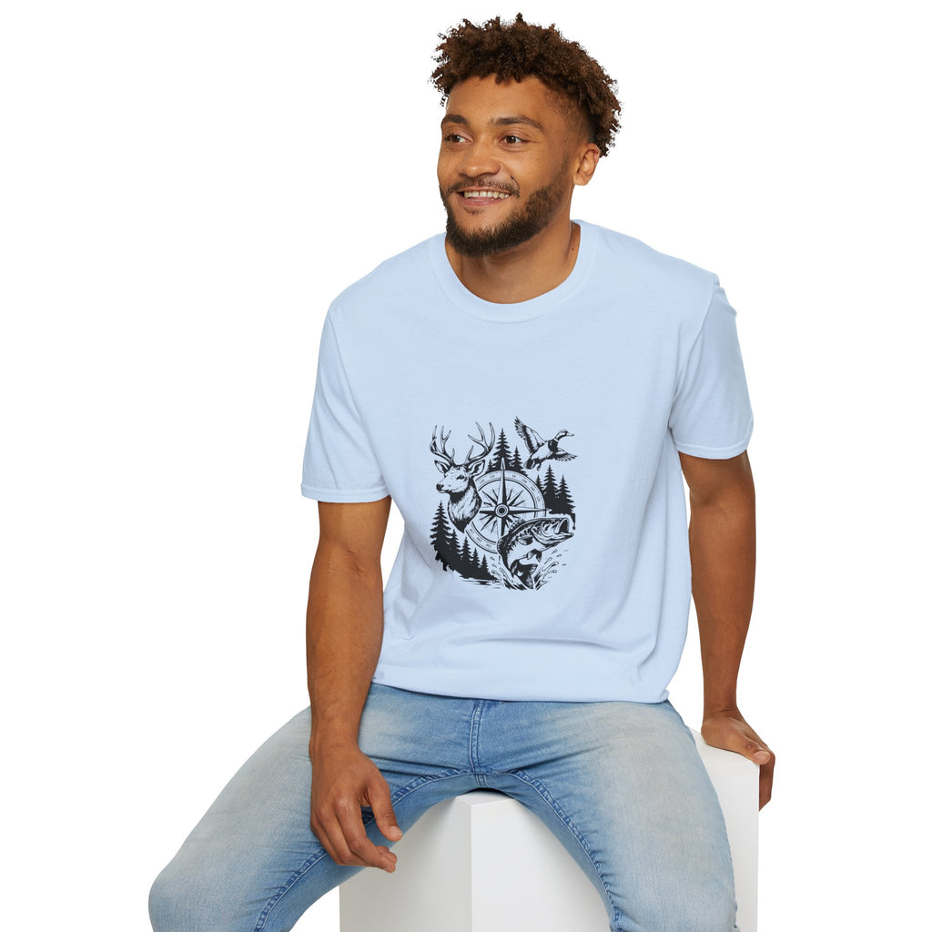 Outdoor Wildlife Compass T-Shirt — Deer Duck & Fish Nature Gift for Hunters