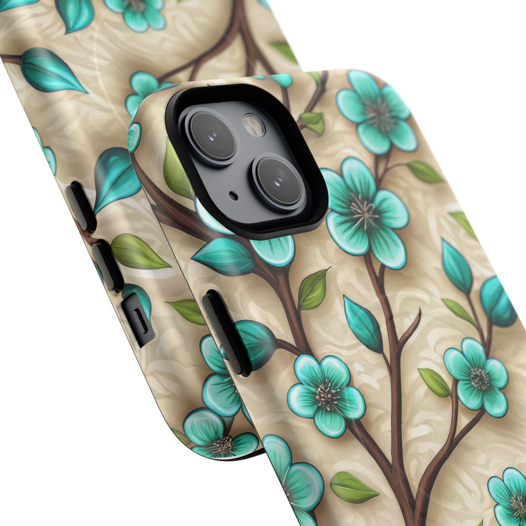 Floral Teal Blossom Tough Magnetic iPhone Case — MagSafe Protective Cover