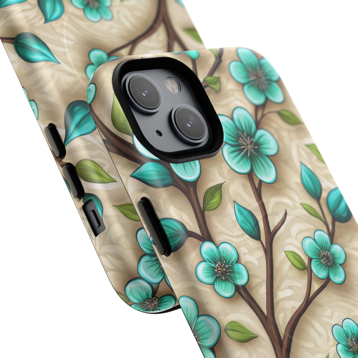 Floral Teal Blossom Tough Magnetic iPhone Case — MagSafe Protective Cover