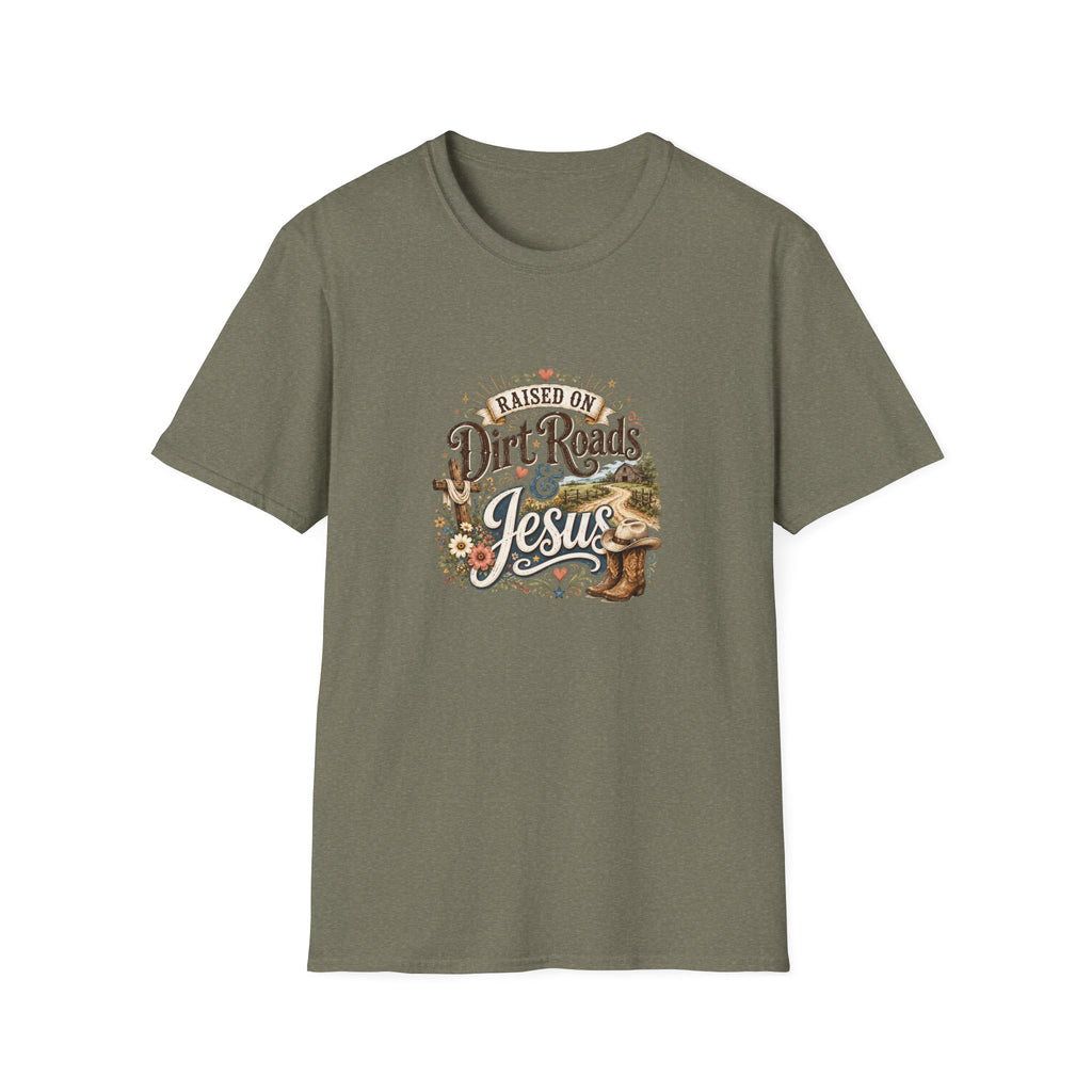 Raised on Dirt Roads & Jesus T-Shirt — Rustic Christian Gift for Women Faith Tee