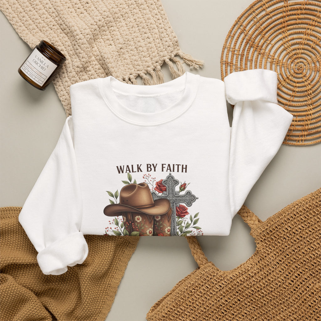 Faith Cowboy Boots Sweatshirt — "Walk by Faith, Even When You Cannot See" Christian Crewneck