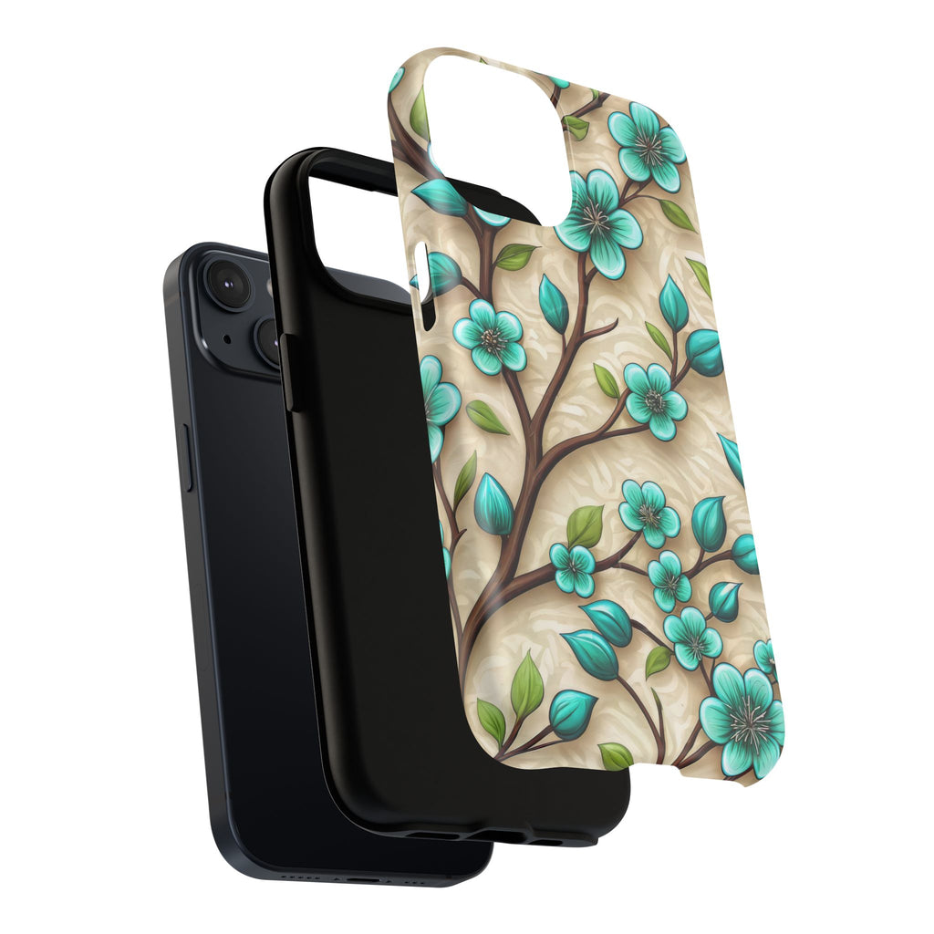 Floral Teal Blossom Tough Magnetic iPhone Case — MagSafe Protective Cover