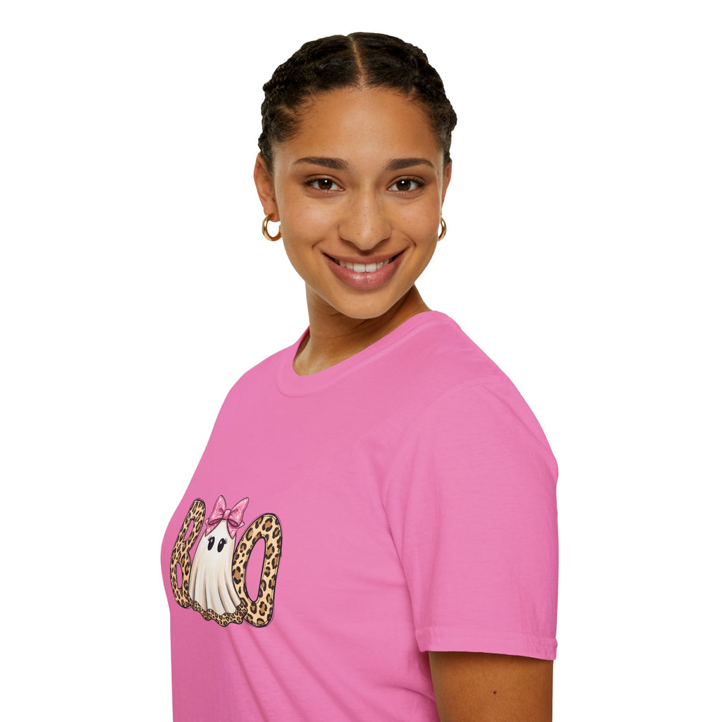 Boo Leopard Ghost T-Shirt — Cute Pink Bow Halloween Gift for Women Graphic Tee