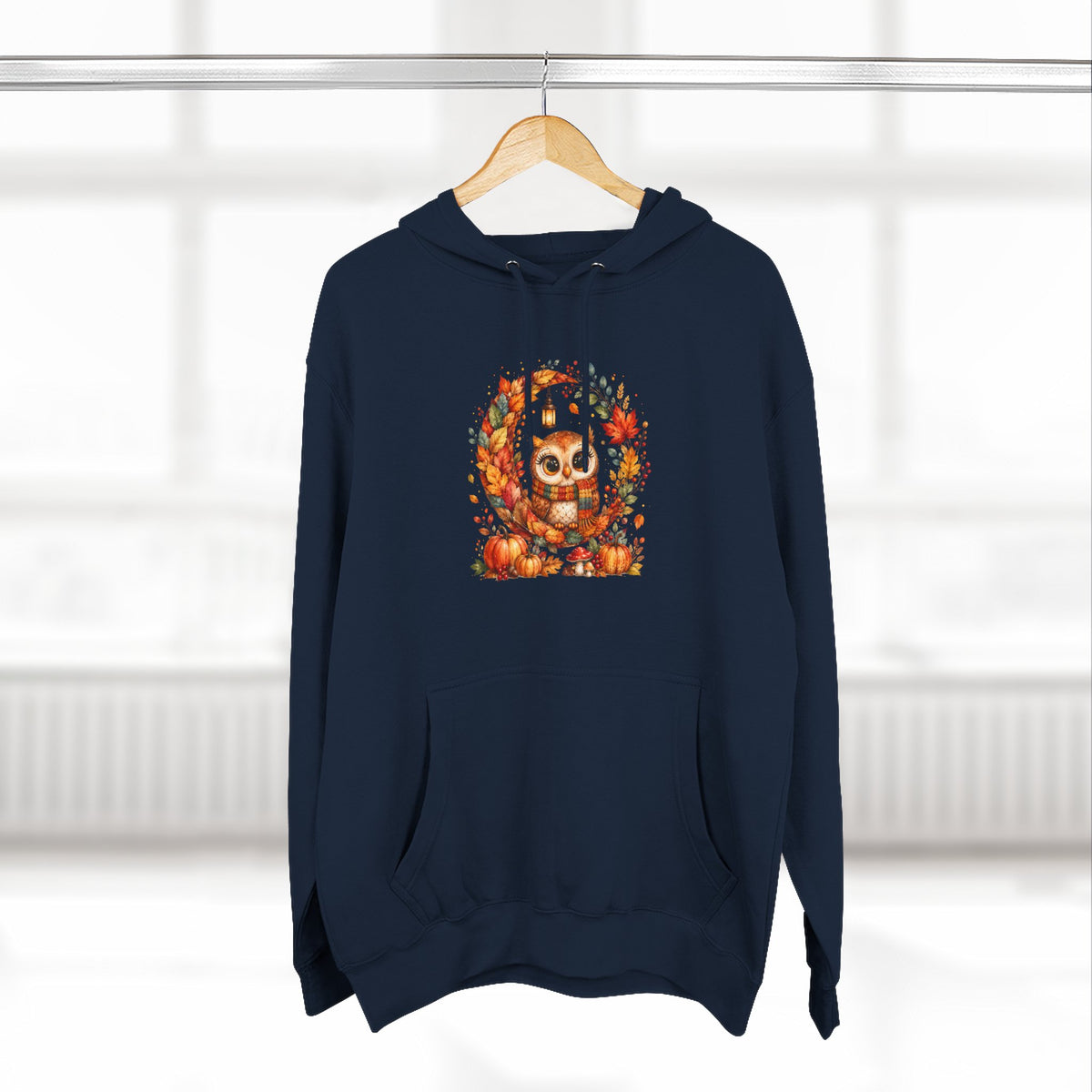 Cozy Autumn Owl Crescent Moon Embroidered Hoodie