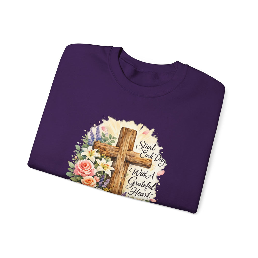 Christian Crewneck Sweatshirt — "Start Each Day with a Grateful Heart" Floral Cross