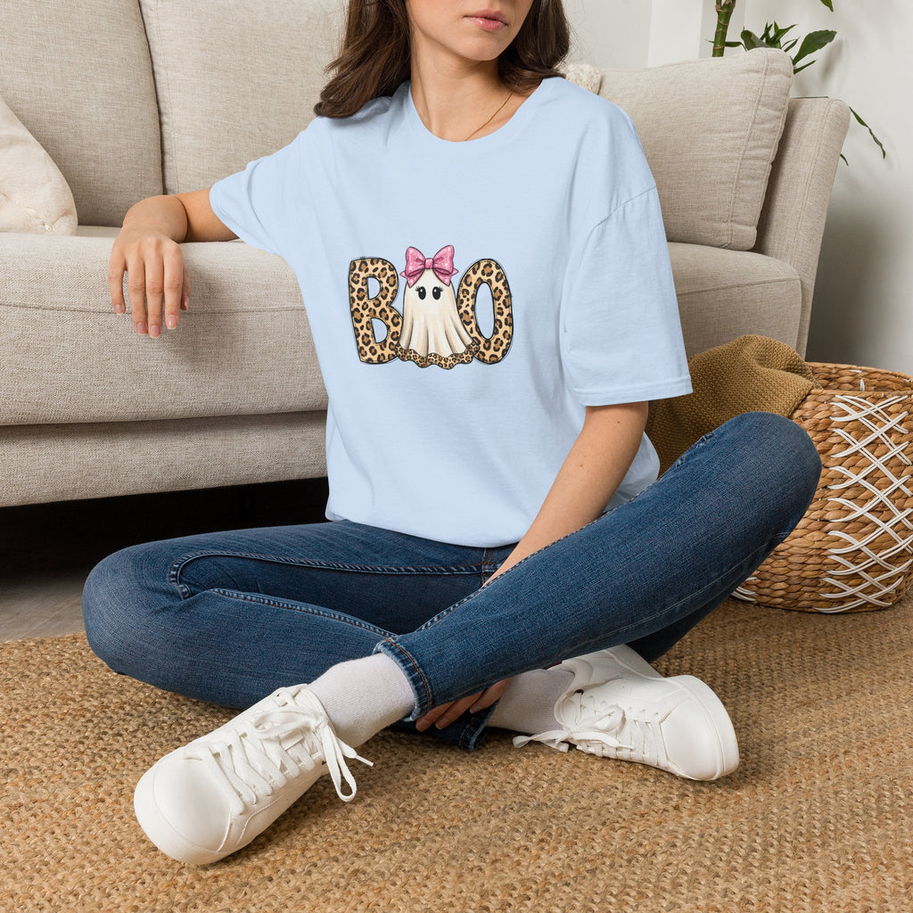 Boo Leopard Ghost T-Shirt — Cute Pink Bow Halloween Gift for Women Graphic Tee