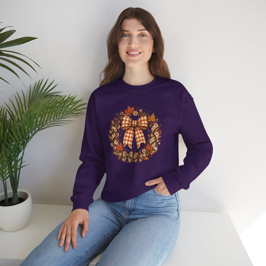 Cozy Autumn Plaid Bow Wreath Crewneck Sweatshirt