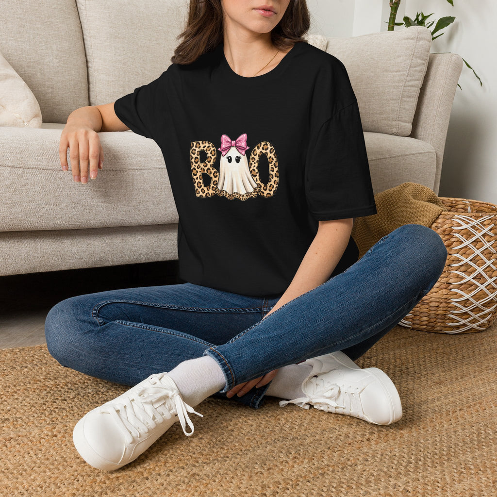 Boo Leopard Ghost T-Shirt — Cute Pink Bow Halloween Gift for Women Graphic Tee