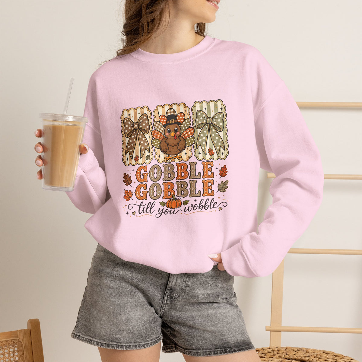 Thanksgiving Crewneck Sweatshirt — "Gobble Gobble 'til You Wobble" Turkey Design