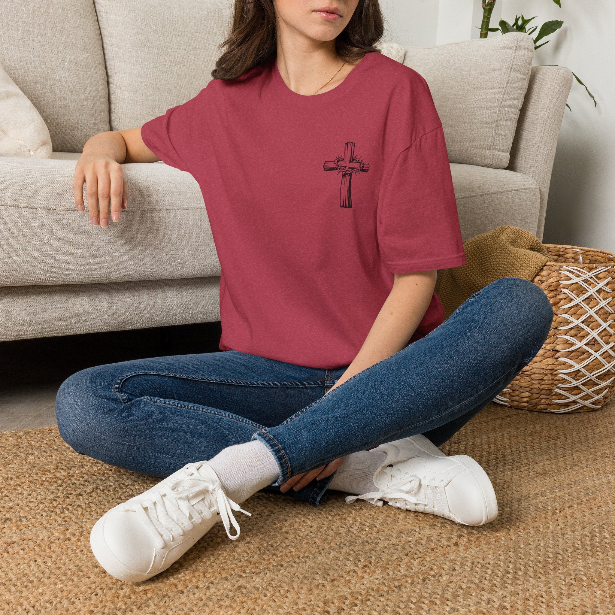 Cross Lion and Jesus Back Print T-Shirt — Wood Cross Chest Christian Faith Graphic