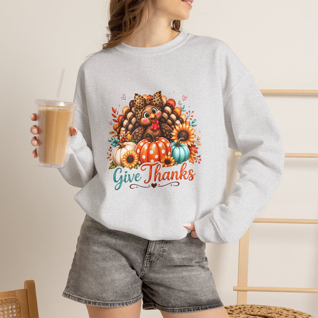 Sweatshirt — "Give Thanks" Autumn Turkey & Pumpkin Thanksgiving Crewneck