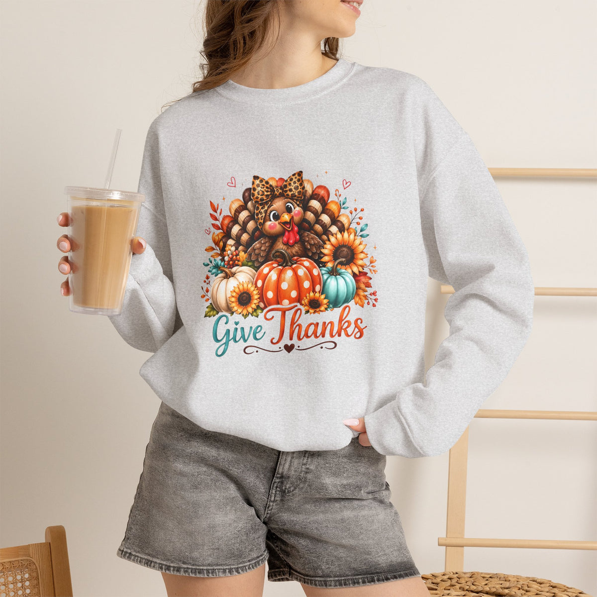 Sweatshirt — "Give Thanks" Autumn Turkey & Pumpkin Thanksgiving Crewneck