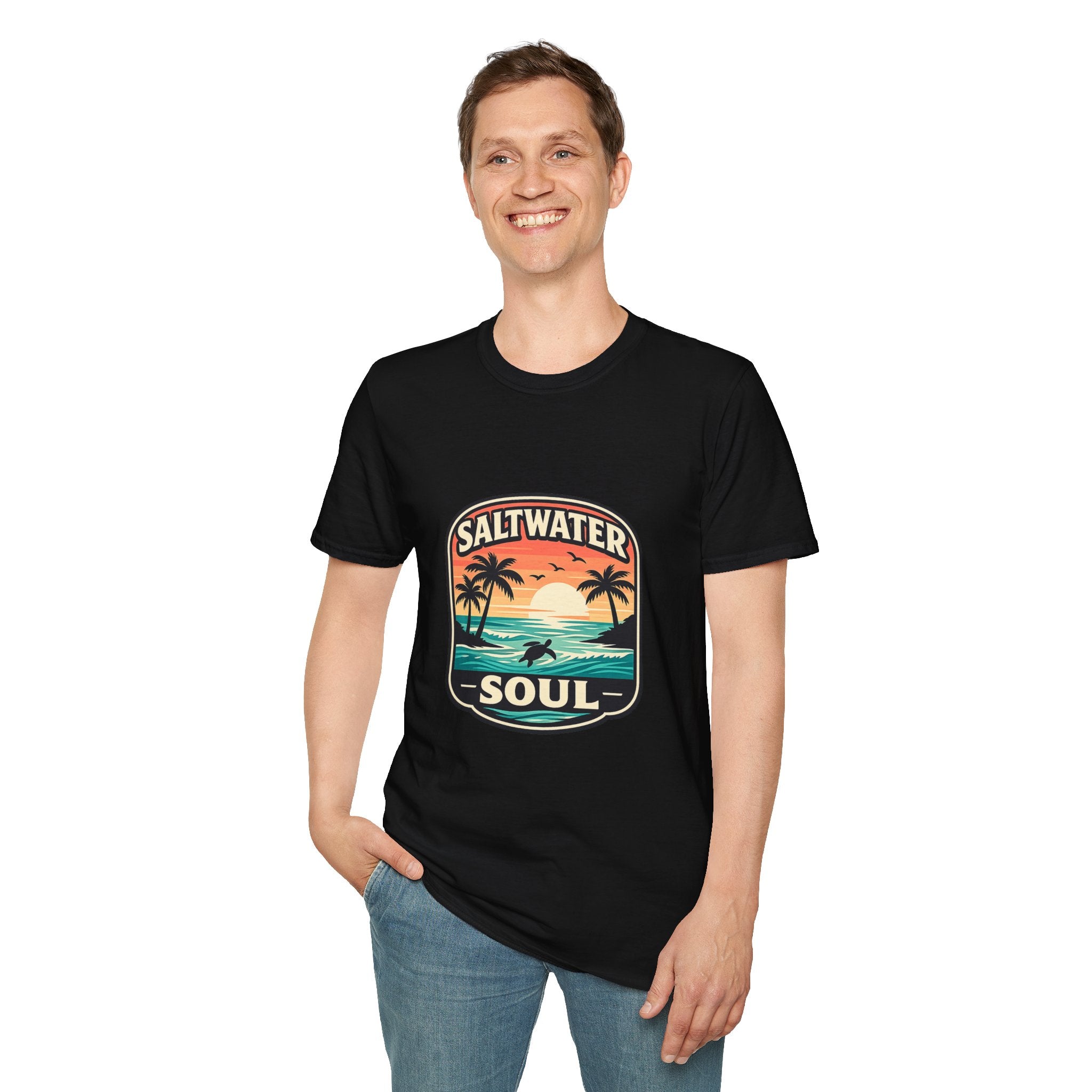 Saltwater Soul Retro Beach T-Shirt — Cute Coastal Gift for Women Sunset Palm Tee